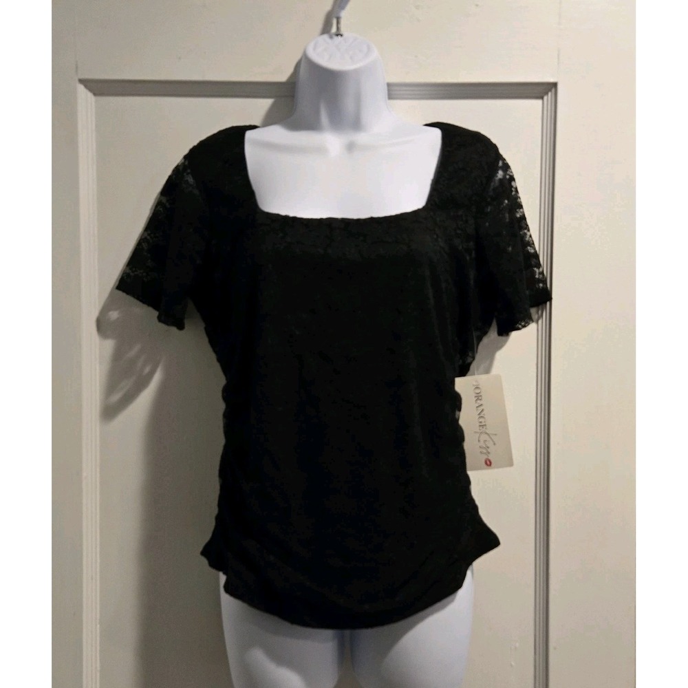 Orange Kiss Brand Women's Black Lacey Blouse W/ See‎ Thru Lace Sleeves 1X